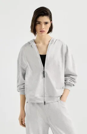 Brunello Cucinelli Cotton smooth French terry topwear with shiny zipper pull in Silver at Nordstrom, Size X-Small