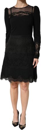 Dolce & Gabbana Womens Black Lace Sheer Panel Midi Long Sleeve Dress