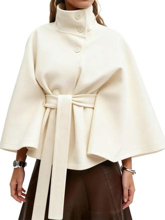 Generic Women Batwing Sleeve Ponchos Pea Coat, Winter Cropped Overcoat, Casual Fall Trendy Stand Collar Belted Cloak Cape Wool Coats (White,S)