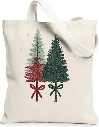 Generic Christmas Tree Canvas Tote Bags, Holiday Evergreen Design Reusable Grocery Bags, Winter Rustic Lightweight Washable Shoulde, White, 13x15 Inch