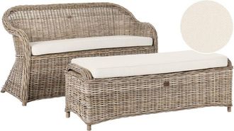 Beliani Banco Boho 150 Cm Con Otomana Para Jard&iacute;n Interior Y Exterior Rat&aacute;n Cojines De Tela Blanco Crema Natural Susua
