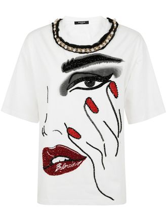 Balmain Pearls Chains Details Partial Face T-Shirt