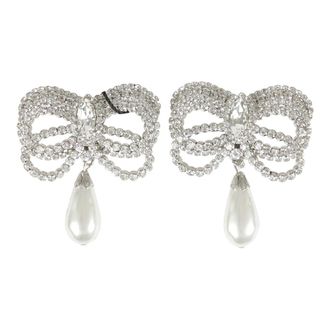 Alessandra Rich Kristallen strik oorbellen met parelhanger - Dames - Oorbellen - Grijs - ONE Size - Accessoires