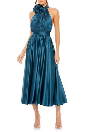 Mac Duggal Pleated Charmeuse High Neck Sleeveless Midi Dress in Ocean at Nordstrom, Size 14