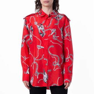 Burberry All-Over Graphic Print Silk Long Sleeve Shirt, Brand Size 8 ( US Size 6 )
