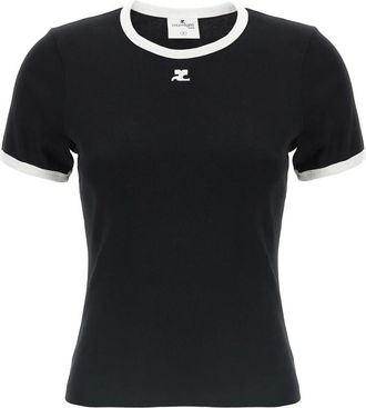 Courr&egrave;ges Tops, Dames, Zwart, L, Katoen, Signature Contrast Katoenen T-shirt