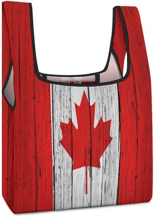 Generic Canada Flag Grunge Wood Reusable Shopping Bags Lightweight Foldable Grocery Bag Polyester Washable Tote Bag