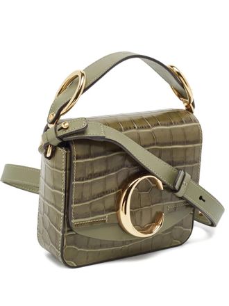 Chlo&eacute; mini croc-embossed leather C bag - Green