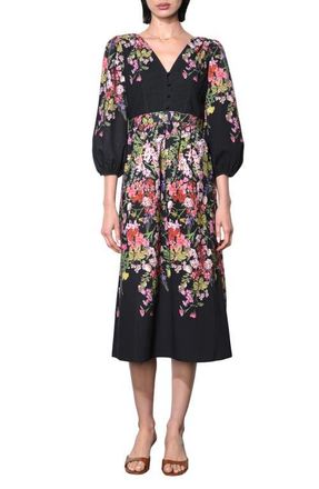 Adelyn Rae Tessa Floral Print Balloon Sleeve Midi Dress in Black Floral at Nordstrom, Size X-Small