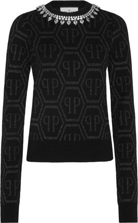 Philipp Plein Roundneck Monogram - Dames - Ronde hals truien - Zwart - S - Katoen - Truien & Vesten