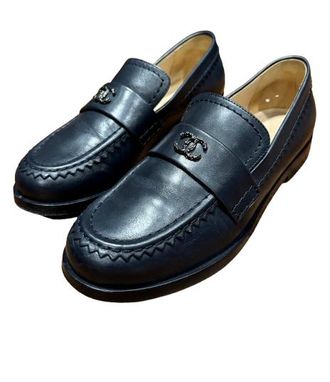 Chanel Navy Leather Moccasins Size 37