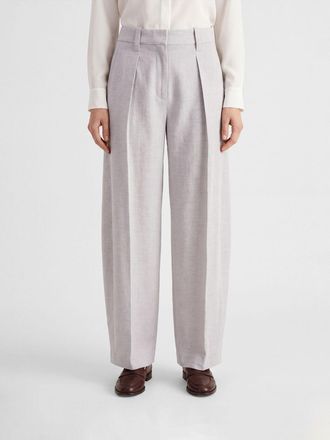Brunello Cucinelli Pantaloni sartoriali wide leg in lana e cashmere con monile