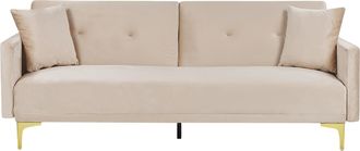 Beliani Sof&aacute; Cama Con Asiento Abotonado De Terciopelo Beige De 3 Plazas Sala De Estar Tradicional Mecanismo De Click Clack Lucan