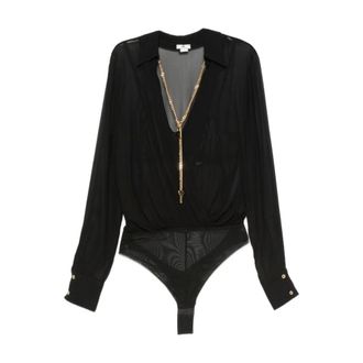 Elisabetta Franchi Body de Malla Drapeada con Detalle de Cadena - Tops - Mujer - Negro - S
