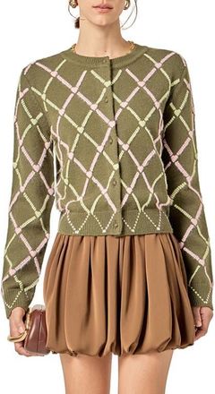 English Factory Diamond Heart Cardigan in Green/Pink at Nordstrom, Size X-Small