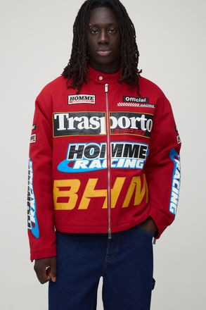 Boohooman Mens Boxy Fit Twill Applique Moto Jacket - Red Cotton - Size X-Large