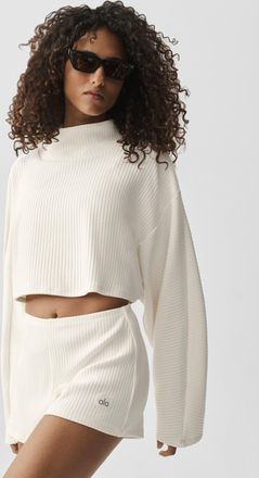 Alo | Ribbed Cropped Reset Long Sleeve Top in Ivory, Size: Medium