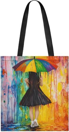 Generic Black Dress Woman Holding Umbrella Colorful Womens Tote Casual Shopping Bag Lightweight Shoulder Bags Hobos Handbag for Work Travel Daily 35x40cm