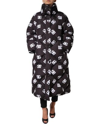 Dolce & Gabbana Womens Black Dg Mania Puffer Quilted Long Coat Jacket Polyester Clothing