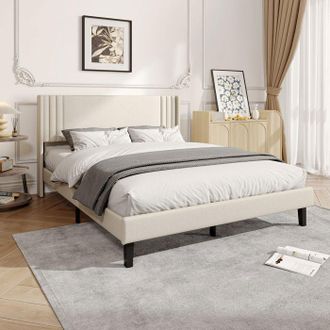 OEM Estructura De Cama 140x200 Cm, Cama Doble 140x200 Cm, Cama Para Adultos Para 2 Personas, Cama Tapizada En Lino, Somier De Lamas, Beige