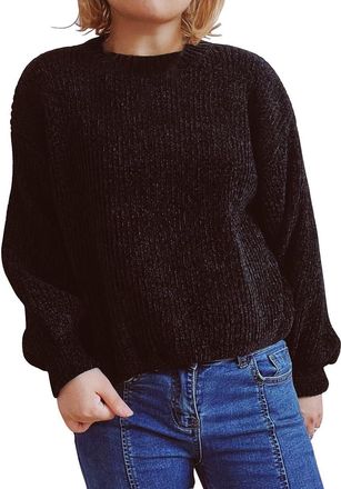 Generic Womens Jumper Crewneck Chenille Warm Pullover Tops for Woman Casual Lantern Long Sleeve Fall Winter Plain Elegant Sweater Cuff Sleeves Loose Fit Solid