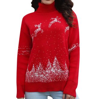 Generic Christmas Jumpers for Women Trendy Polo Neck Snowflake Knitted Jumpers Turtleneck Xmas Holiday Sweaters High Neck Knitwear Cozy Going Out Pullover Swe