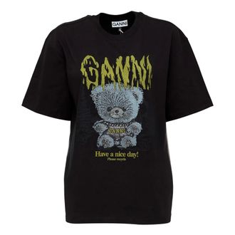 Ganni Tops, Dames, Zwart, XS, Katoen, Forest Teddy T-Shirt
