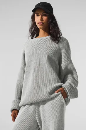 Alo | Domain Rib Knit Crewneck Sweater Top in Athletic Heather Grey, Size: Large