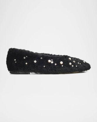 Jimmy Choo London Margot Embellished Lamb Fur Ballet Flats