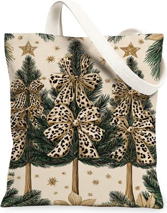 Generic Christmas Tree Canvas Tote Bags, Holiday Floral Design Reusable Grocery Bags, Winter Elegant Lightweight Washable Shoulder, Beige, 13x15 Inch