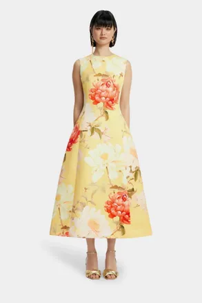 LEO LIN Cleo Sleeveless Midi Dress In Peony Print In Yellow