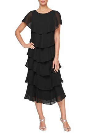 S.L. Fashions Tiered Chiffon Midi Dress in Black at Nordstrom, Size 10