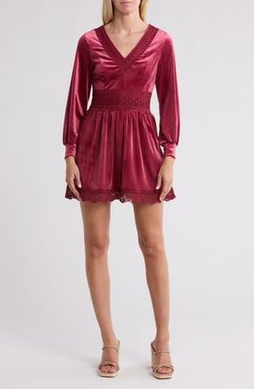 Wishlist Lace Trim Long Sleeve Velvet Dress in Burgundy at Nordstrom Rack, Size Medium