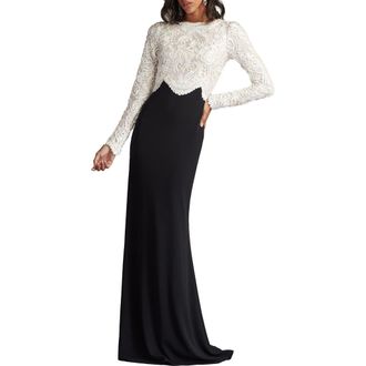 Tadashi Shoji Scroll Lace Long Sleeve Crepe Gown in Ivory/Black at Nordstrom, Size 14