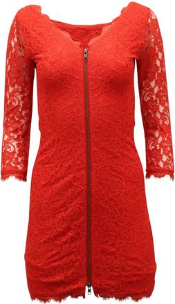 Diane Von F&uuml;rstenberg Diane Von Furstenberg Front-Zipped Mini Dress in Red Polyester and Lace