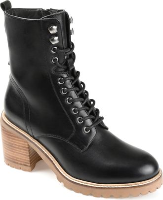 Journee Collection Womens Genuine Leather Malle Round Toe Stacked Combat Booties