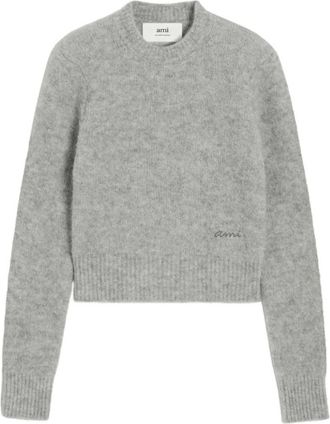 Ami Grijze Crew Neck Sweater met Logo - Dames - Ronde hals truien - Grijs - L - Truien & Vesten
