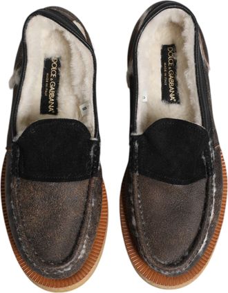 Dolce & Gabbana Mens Brown White Calfskin Leather Loafers Shoes Fur Calf
