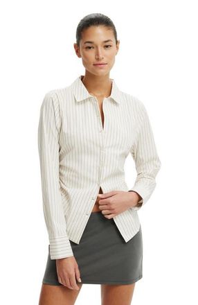Cotton On Womens Peyton Gathered Long Sleeve Shirt in Grey Pinstripe at Nordstrom, Size 10