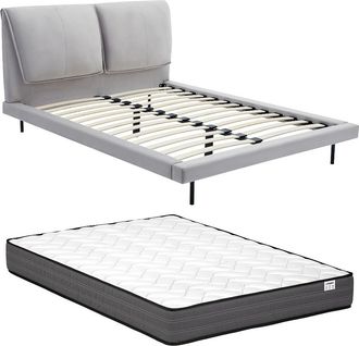 Vente-Unique Cama 140 x 190 cm - Terciopelo - Gris + Colch&oacute;n - IBEDIA