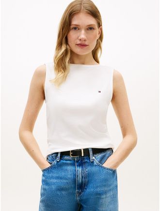 Tommy Hilfiger Womens Slim Fit Rib-Knit Boatneck Tank Top - White - XXS