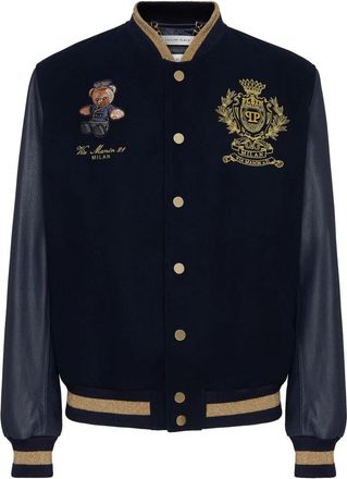 Philipp Plein Leren en wollen Varsity Bomber Teddy Doorman - Heren - Bomber jackets - Blauw - M - Wol - Jassen