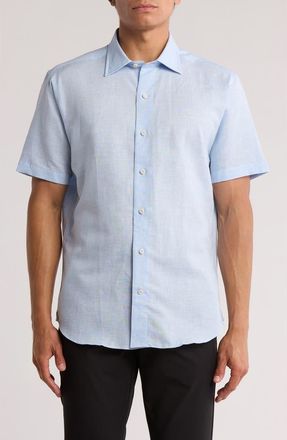 David Donahue Short Sleeve Linen & Cotton Sport Shirt in Sky at Nordstrom Rack, Size Xx-Large