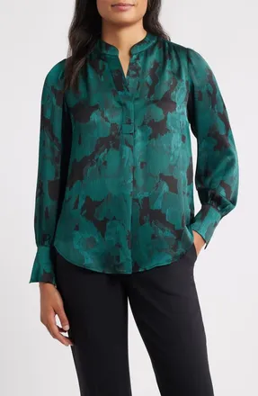Anne Klein Pleated Print Split Neck Top in Pine Forest Multi at Nordstrom, Size Large