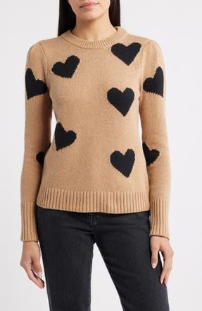 Caslon Intarsia Heart Sweater in Tan Camel Heather- Black Heart at Nordstrom Rack, Size Medium