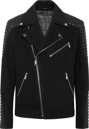 Philipp Plein Wollen Bikerjack met Leren Inzetstukken - Heren - Zomerjassen - Zwart - 4XL - Wol - Jassen