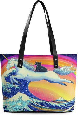 Generic Rainbow Cat Riding U-nicorn Ocean Wave Japanese Tote Bags for Women Cute Shoulder Purses Handbags