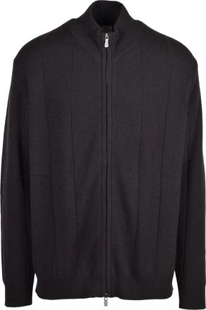 Eleventy Brown Ribbed High Collar Wool Zip Cardigan