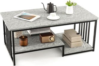 Costway Costway - Mesa De Centro De M&aacute;rmol, Mesa Rectangular De 2 Niveles Con Estante De Almacenamiento Abierto, Mesa De C&oacute;ctel Larga Y Moderna Con Marco De M