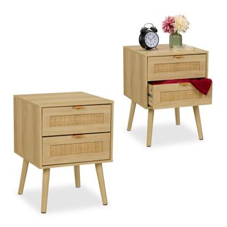 Relaxdays Relaxdays Mesita De Noche, Cajones, Set De 2, Estilo Rat&aacute;n, Mesilla Dormitorio Efecto Madera, 55 X 40 X 41,5 Cm, Natural
